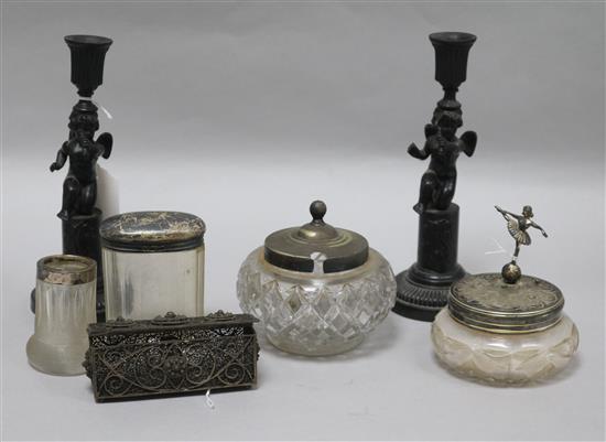 A pair of 19th century French black-painted cast iron candlesticks, sundry silver and plate-mounted glassware, etc,